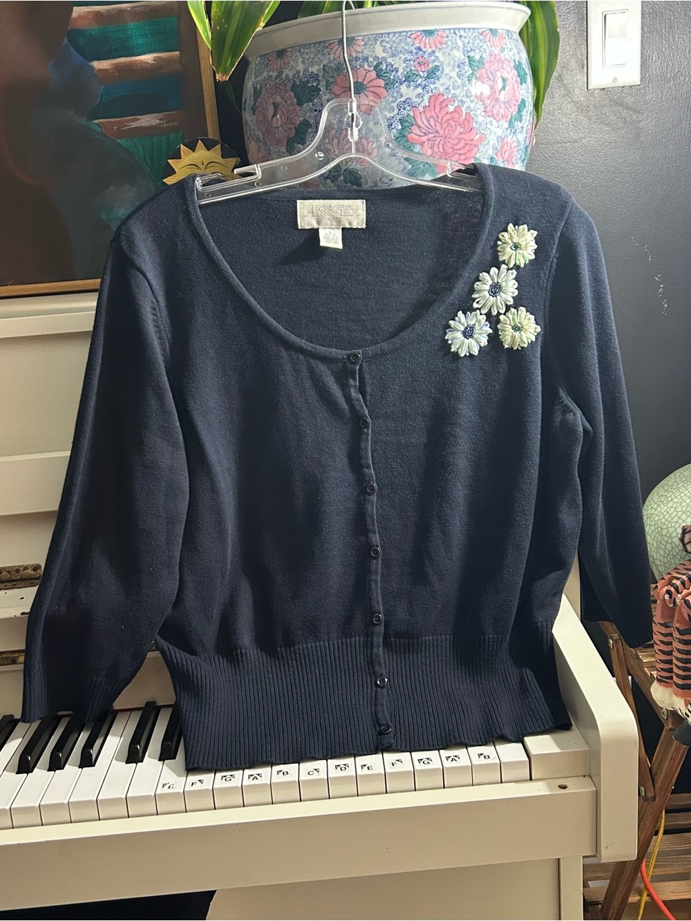 Casual Corner Annex Petite Navy Floral Cardigan Sweater Size M